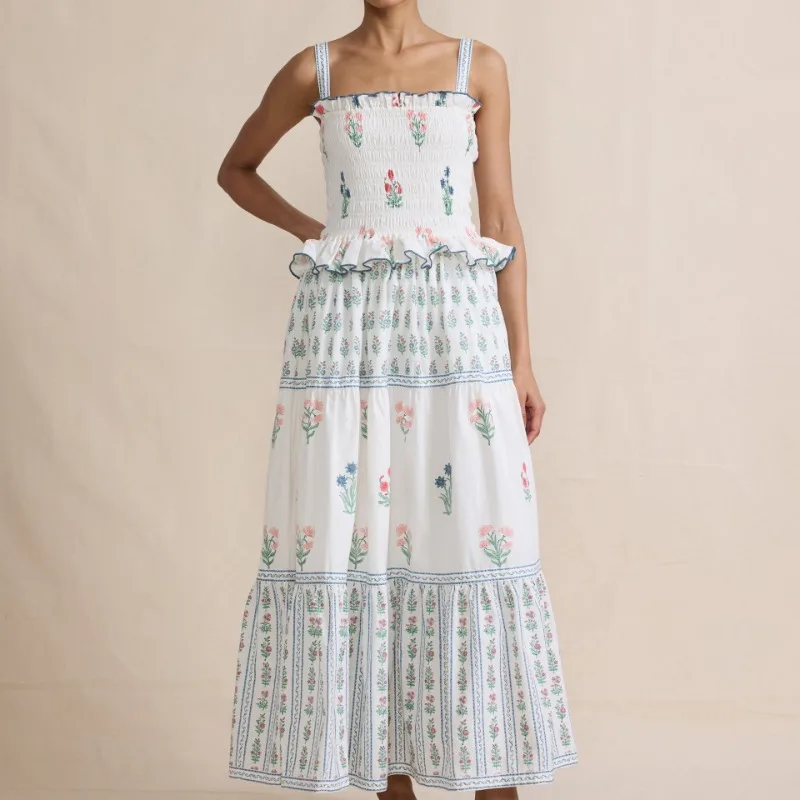 Femmes été robe Maxi florale décontracté Spaghetti sangle sans manches à volants à plusieurs niveaux invité de mariage fluide Boho plage robe de vacances