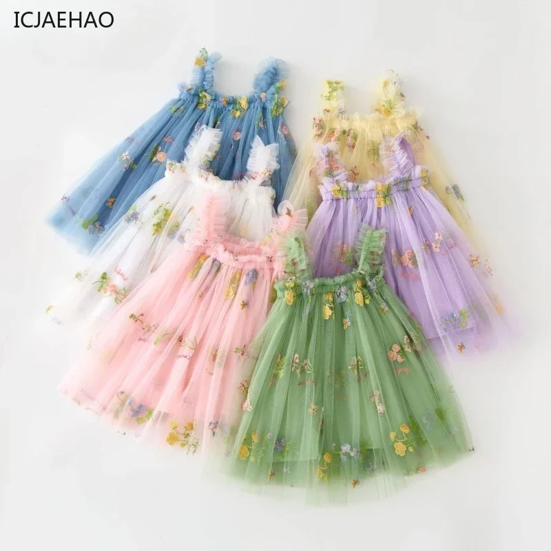 Vestido de alça sem mangas para meninas, roupas de festa de princesa, bordado de flores, infantil, criança, fantasia infantil, aniversário, 2025