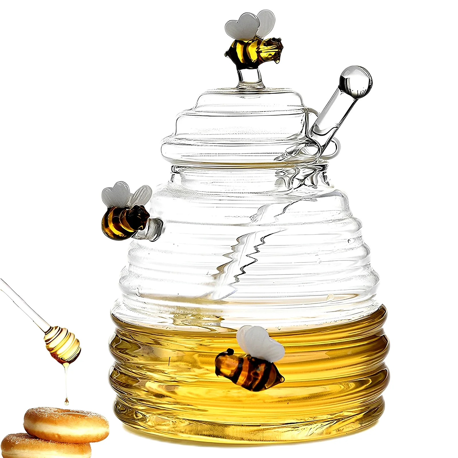 Clear Glass Honey Jar Honey Dispenser Large Capacity Honey Bottle Food Storage Containers with Dipper Stick Lid Kitchen Supplies