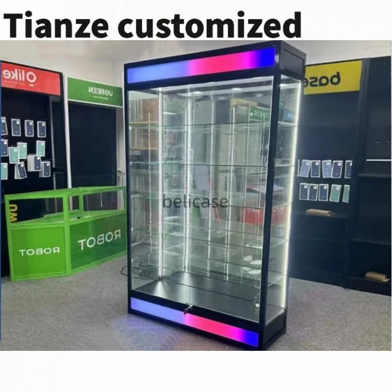 Customized-Store Display Cabinets with RGB Light Aluminum Frame Display Adjustable Shelves Glass Showcases