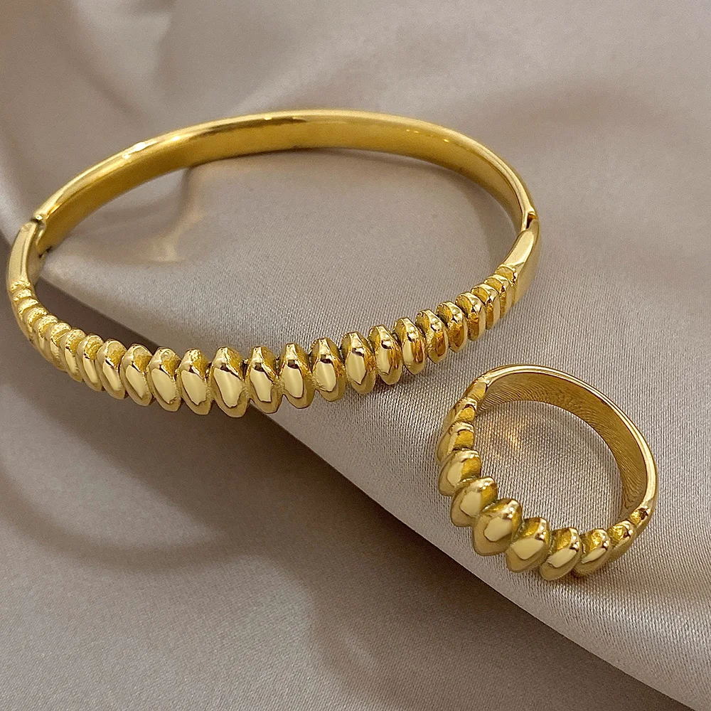 Unique Design Teardrop Beaded Stainless Steel Bracelet for Women Glossy 18K Gold Plated Smooth Bracelets Ring Waterproof Jewelry