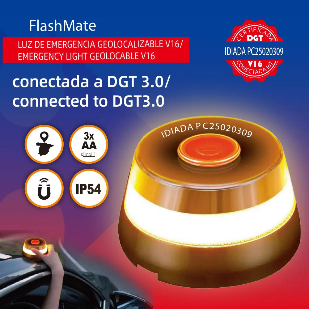 

V16 emergency beacon connected with dgt 3.0 geolocation approved emergency light connected and authorized by dgt v16 signal