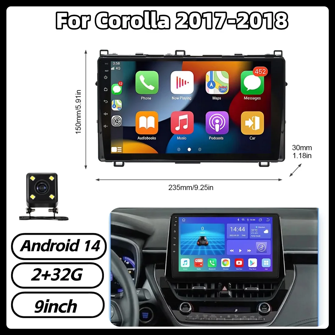 

Автомагнитола Android 14 с GPS-навигацией, 2+32 ГБ, для Corolla 2017-2018, с поддержкой Carplay и Android Auto, 9-дюймовый IPS сенсорный экран, Bluetooth