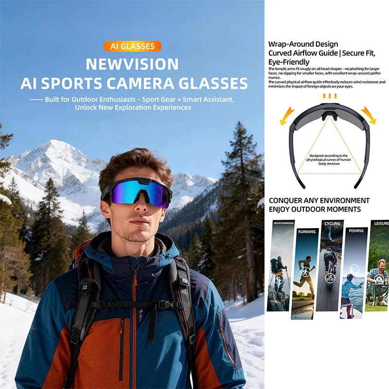 2026 New AI Smart Glasses 1200P Camera Anti-Shake Outdoor Riding Video Photo With Dual Microphone Anti-UV Sports Cycling Glasses
