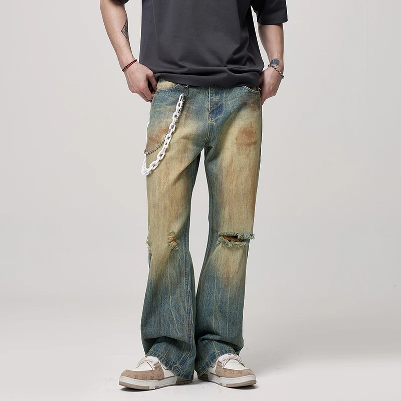 2024 New Y2K High Street Yellow Mud Dyed Distressed Ruan Shuai Ripped Jeans Men's Fashion Brand Retro Casual Loose Pants