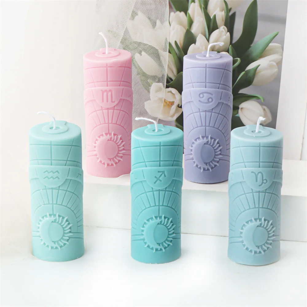 Zodiac Pillar Candle Molds DIY Twelve Constellation Tall Cylindrical Sun Luna Moon Pattern Silicone Mold for Candle Plaster