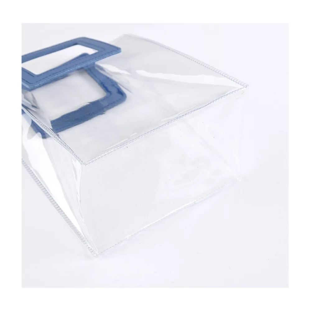 High Quality PVC Clear Tote Bag Blue Square Shape Handle Transparent Shopping Bags Transparent Hand Gift Bag