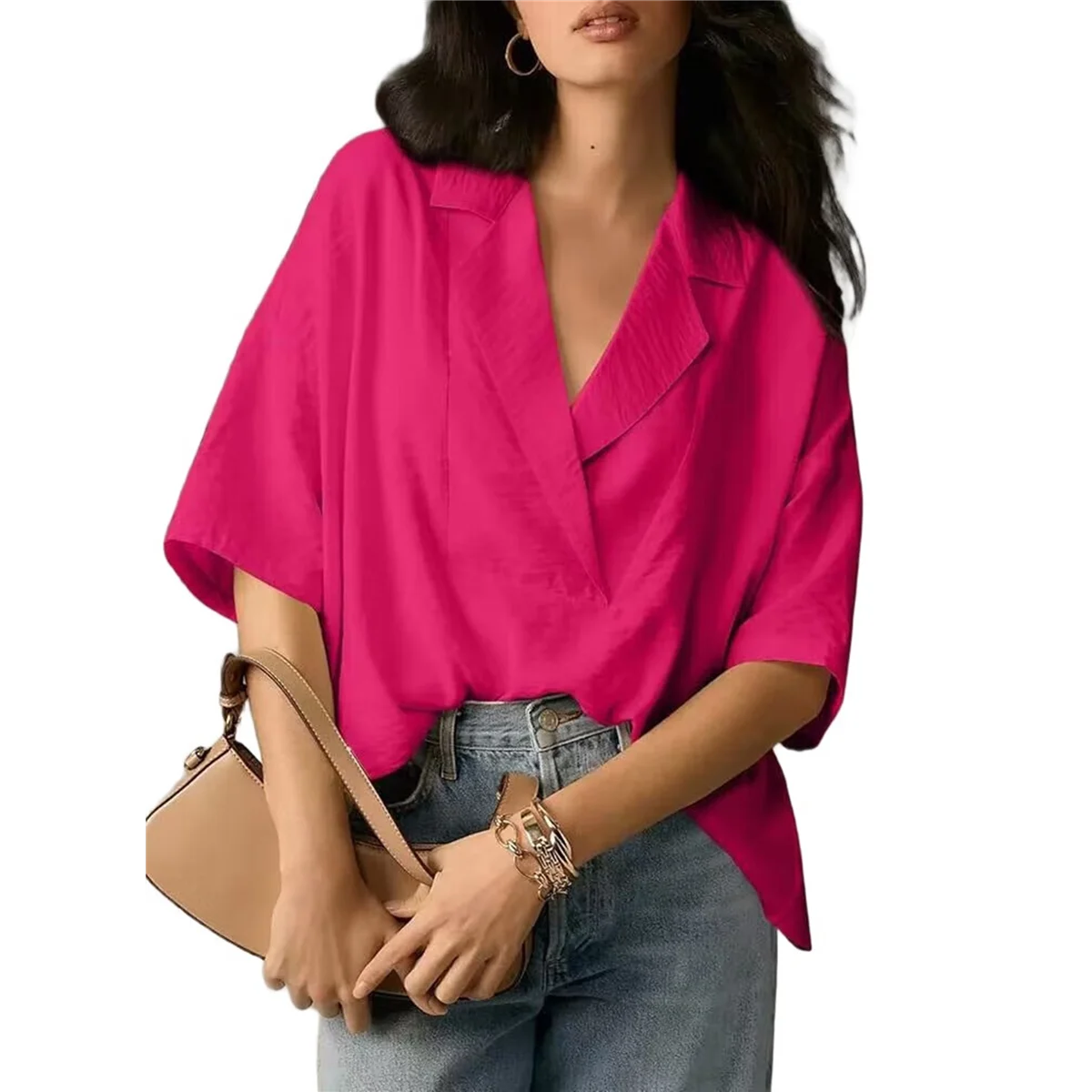 

Women Dressy Casual Blouse Business Short Sleeve Collared Tops Placket V Neck Work Shirt Deep Pink S