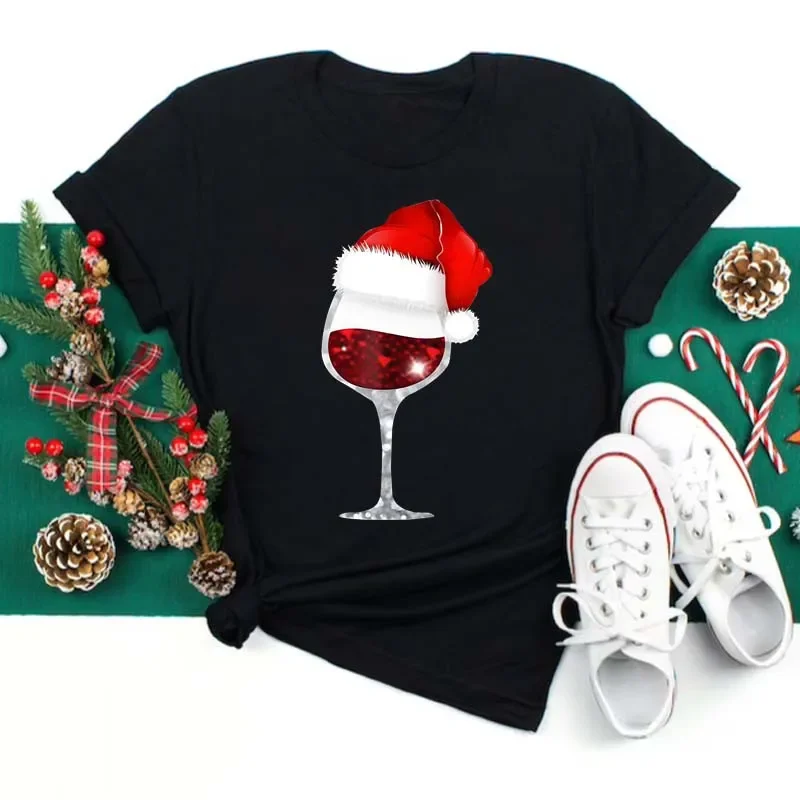 Christmas Wine Glass Print Women's T-Shirts Cartoon Elk Pattern Short Sleeve Tops Casual O-neck Pullover Fashion X'mas Clothing