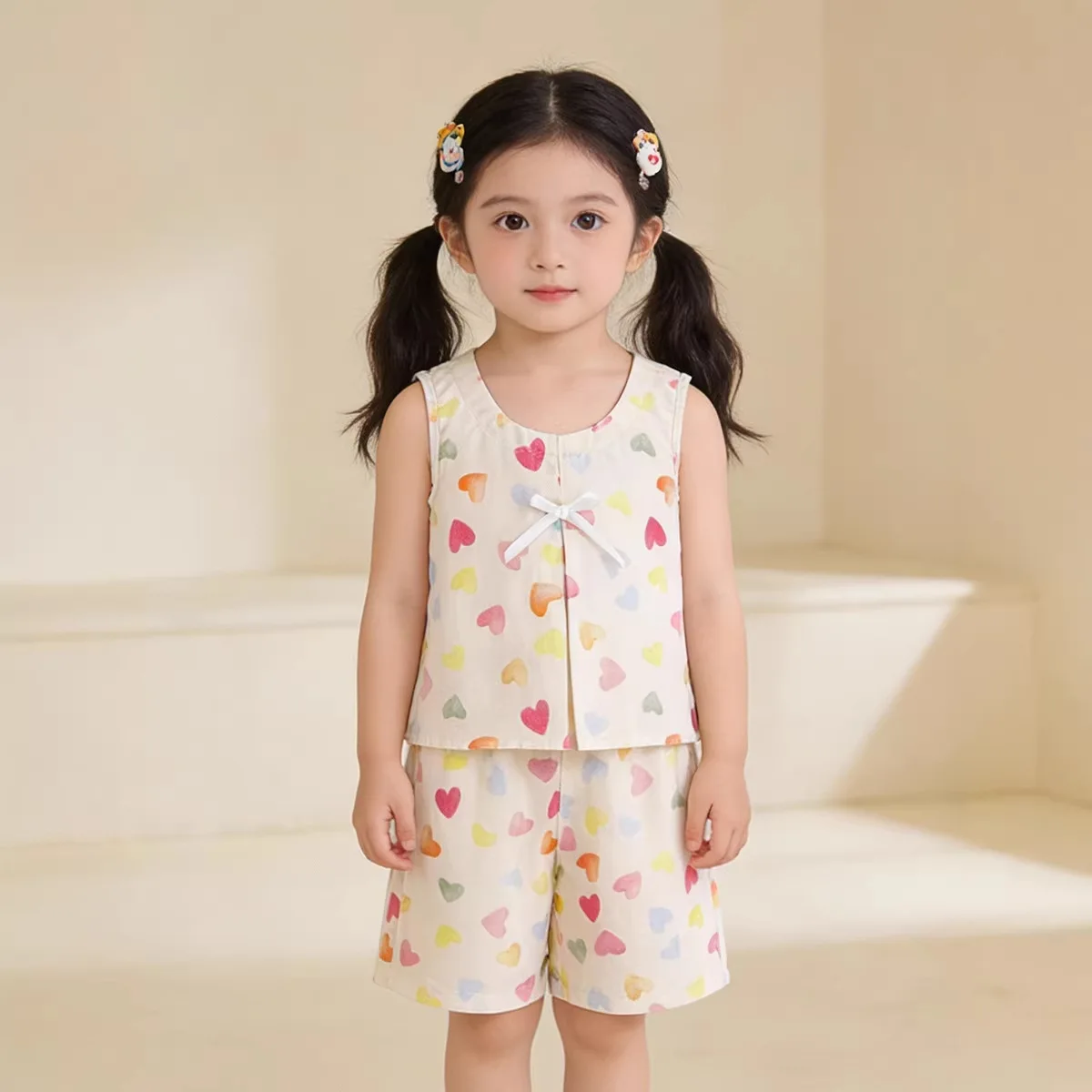 Girls Set 2026 Spring and Summer New Sleeveless Heart-shaped Printed Shorts Two-piece Set Fashionable and Stylish Wear