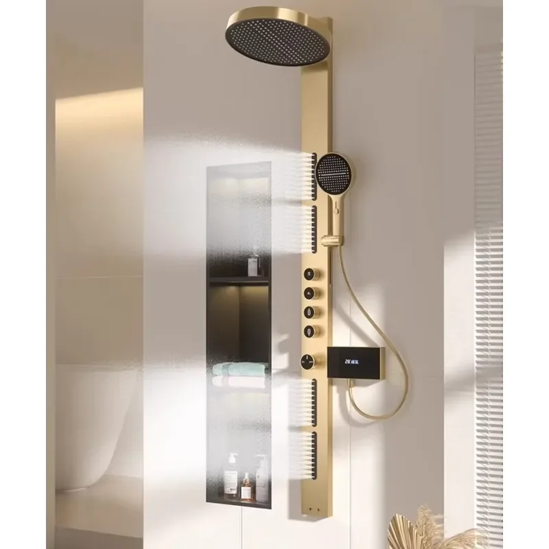 Panel de ducha de latón con efecto lluvia, pantalla digital, sistema SPA de baño montado en la pared, kit de cabezal de ducha inteligente multifuncional para