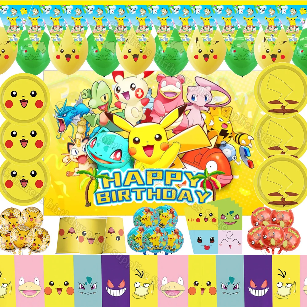 Game Pokemon Cartoon Pikachu Party Supplies Decoration Paper Tableware 32inch Number Foil Ballon Boy Birthday Scene Layout Toys