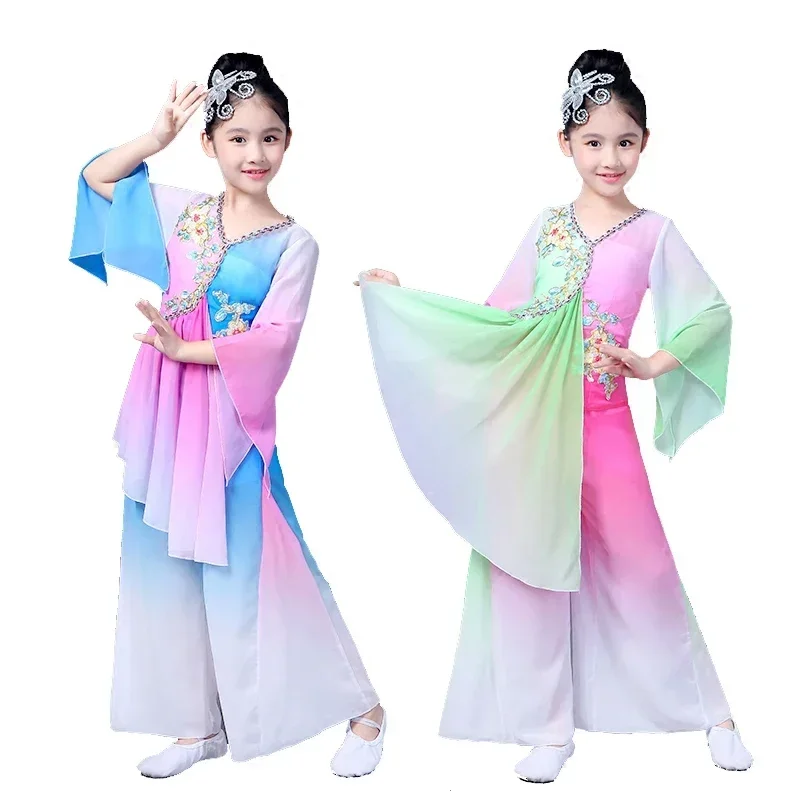 Girls new children's classical dance high quality embroidery elegant costumes fan dance costume Jiangnan umbrella dance