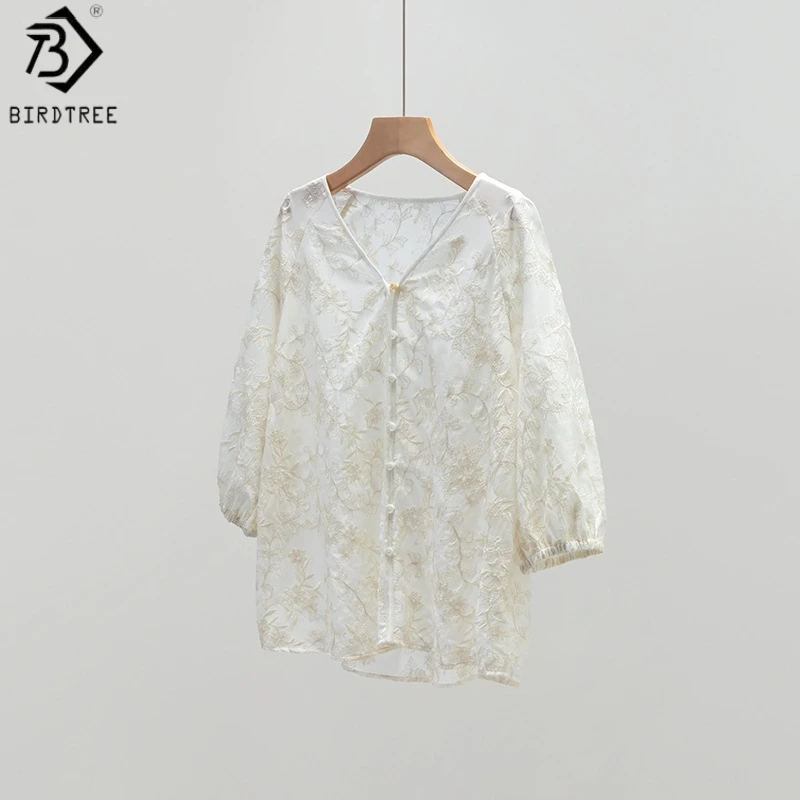 

Birdtree,30% Real Silk 70% Cotton Blouse,Chinese Style Tops,Women Embroidery V-neck Short Sleeve Shirt,2026 Spring New T61613JF