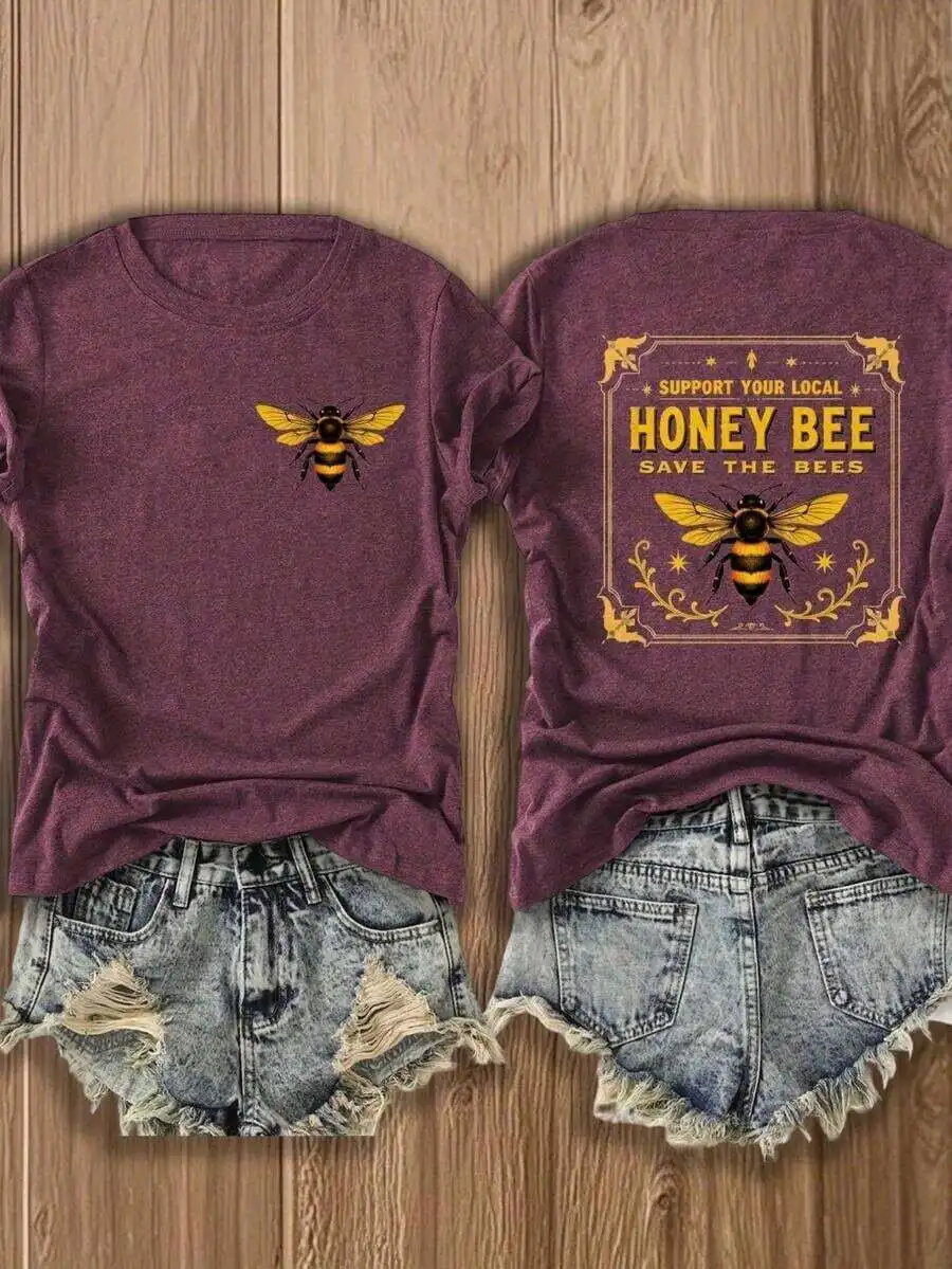 

Womens Double-Sided Bee Print T-Shirt Support Local Honey Bee Save The Bees Casual Loose Cotton Blend Tee