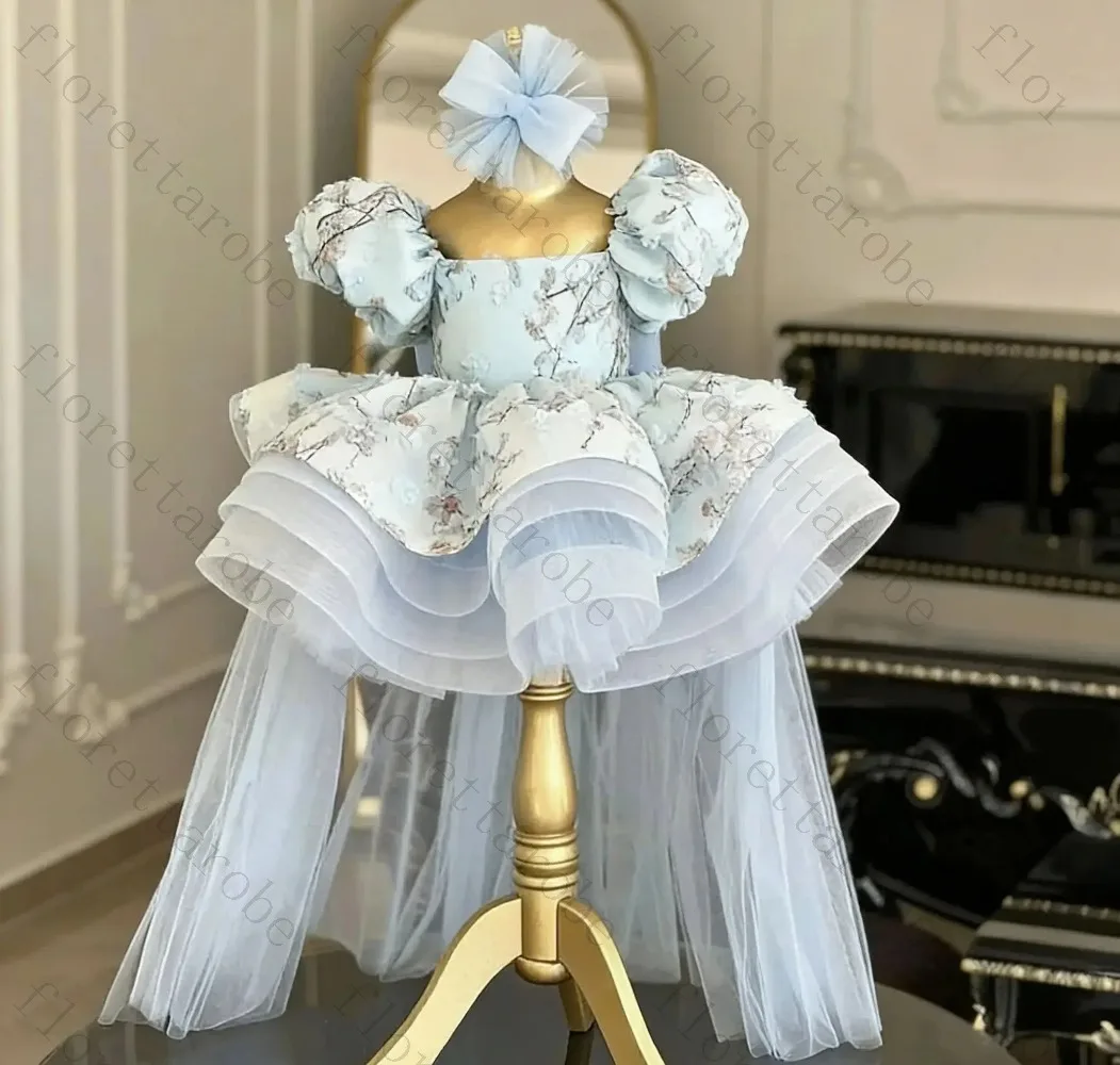Customized Blue Flower Girl Dress High Low Off Shoulder Short Sleeve Tulle Floral Print Ruffled Wedding Birthday Party Gown