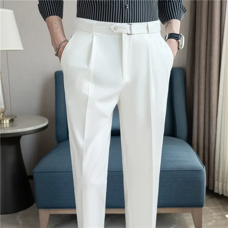 Summer Thin Belt Decoration Cropped Pants Men's Elastic Slim Casual Business Formal Pants Office Social Streetwear Men Clothing