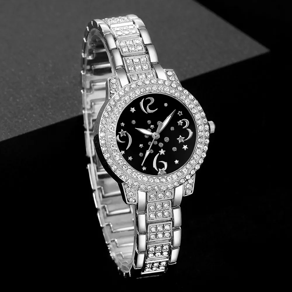 5PCS Set Luxury Watch Women Ring Necklace Earrings Rhinestone Fashion Wristwatch Female Casual Ladies Watches Silver Color Set