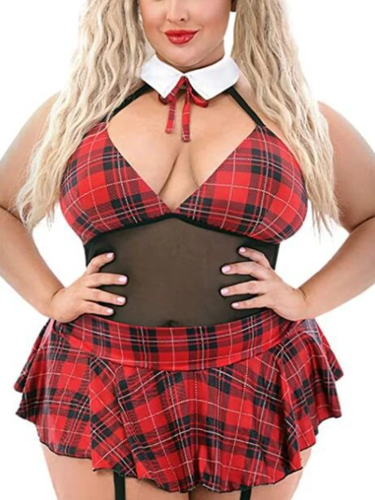 

Womens Plus Size Schoolgirl Lingerie Sexy Students Roleplay Uniform Plaid Sheer Halter Teddy Tie Mini Skirt Club Costume Set