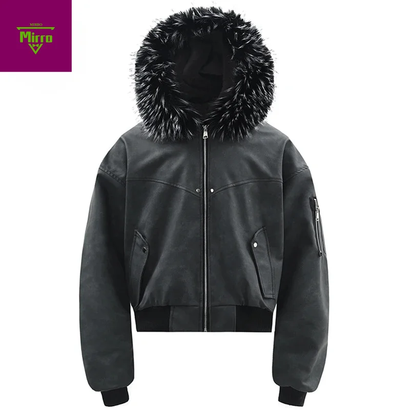 남성 겨울 자켓 퍼 칼라 PU 가죽 파카 코트 빈티지 플러시 따뜻한 자켓 아우터웨어