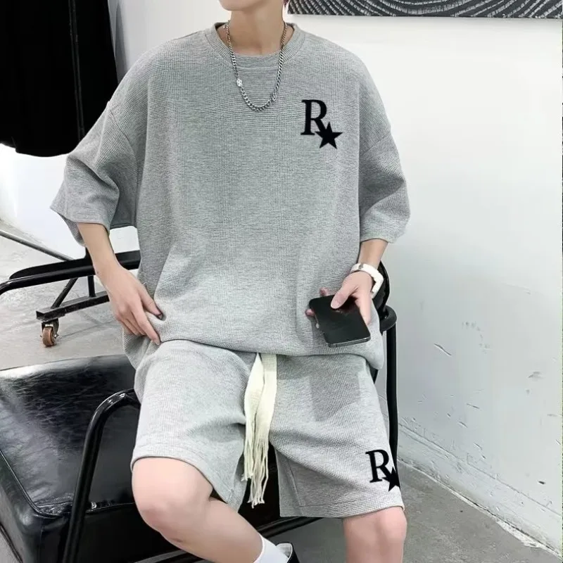 Sportanzug Herren Herbst und Winter lässig locker High Street trendig bedruckte Kurzarm-Shorts zweiteiliges Baumwollset