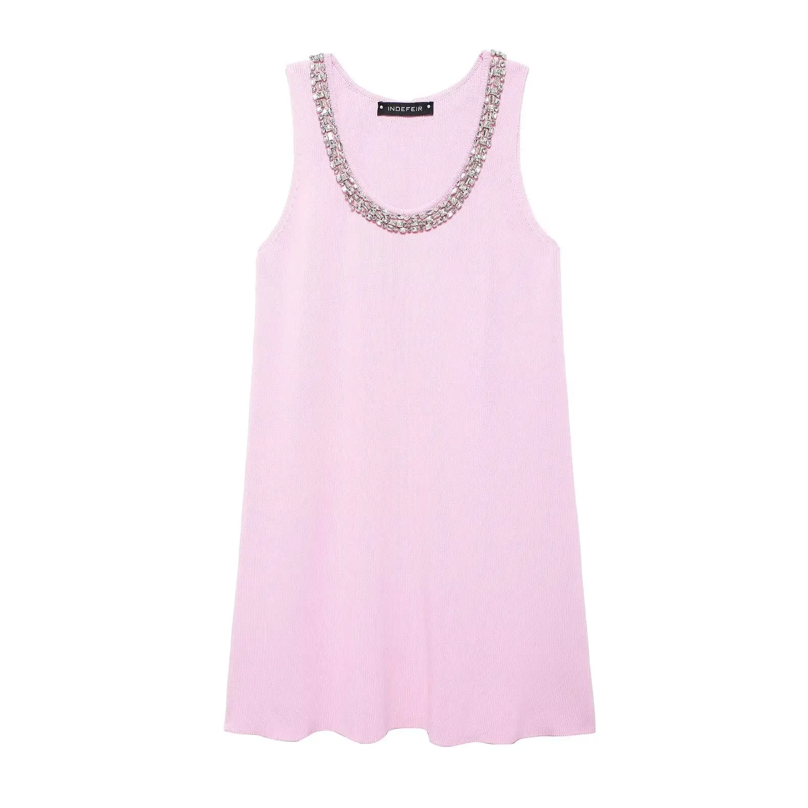 TRAFZA Woman\'s Casual Pink Knitting Dresses Solid O-Neck Sleeveless Rhinestone Decoration Summer Mini Dresses Woman Trendy