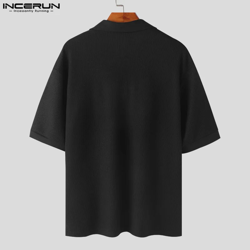 INCERUN Tops 2024 Korean Style Men\'s Knitted Zippered Lapel Design Shirts Leisure Simple Comfortable Short Sleeved Blouse S-5XL