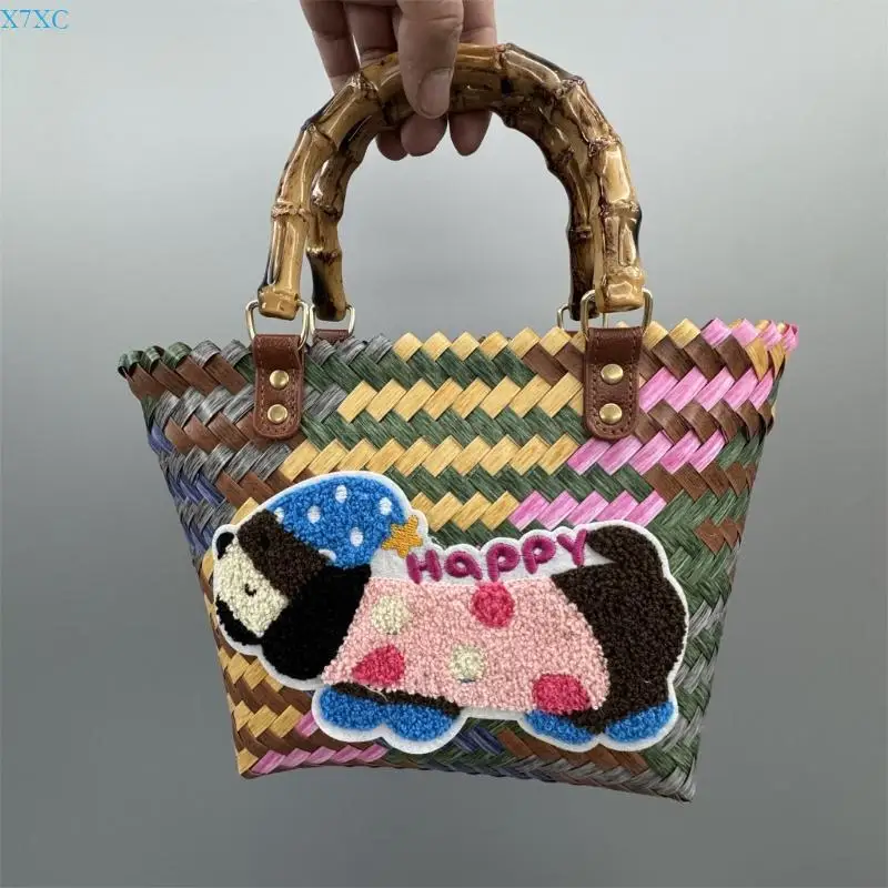 X7XC Stylish Women's Woven Bag With Dachshund Print And Retro Stripe Casual Shopping Bags Handbag for Various Occasion