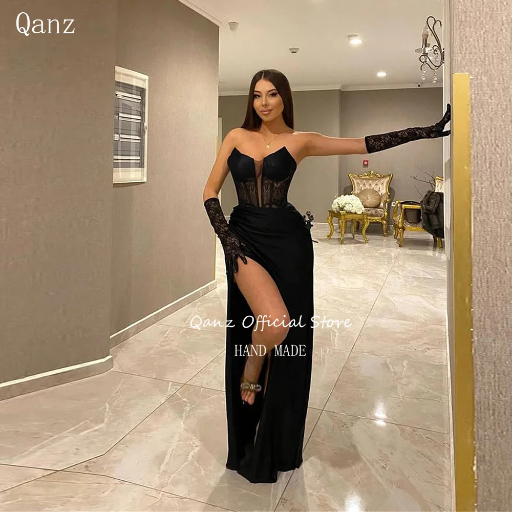 

Qanz Sexy Mermaid Dresses High Leg Slit Satin Vestidos Femininos Tendência 2025 Sweetheat Black Lace Party Gowns Customized