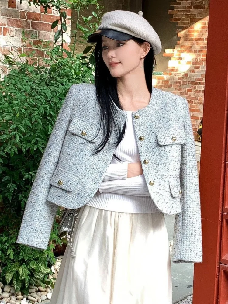 

SMTHMA New Autumn Short O-Neck Sequin Tweed Jacket Women's Fashionable Casual Woolen Outerwear