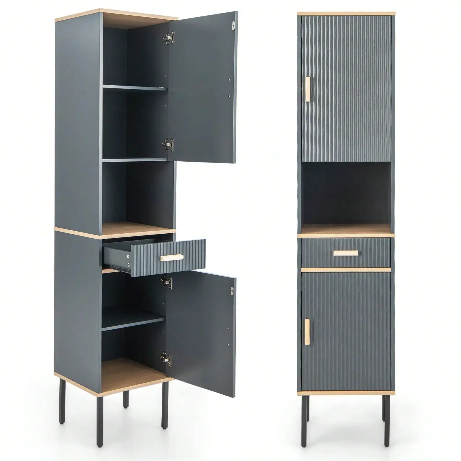 

Tall Bathroom Storage Cabinet Freestanding Narrow Linen Tower w/ Drawer & Doors