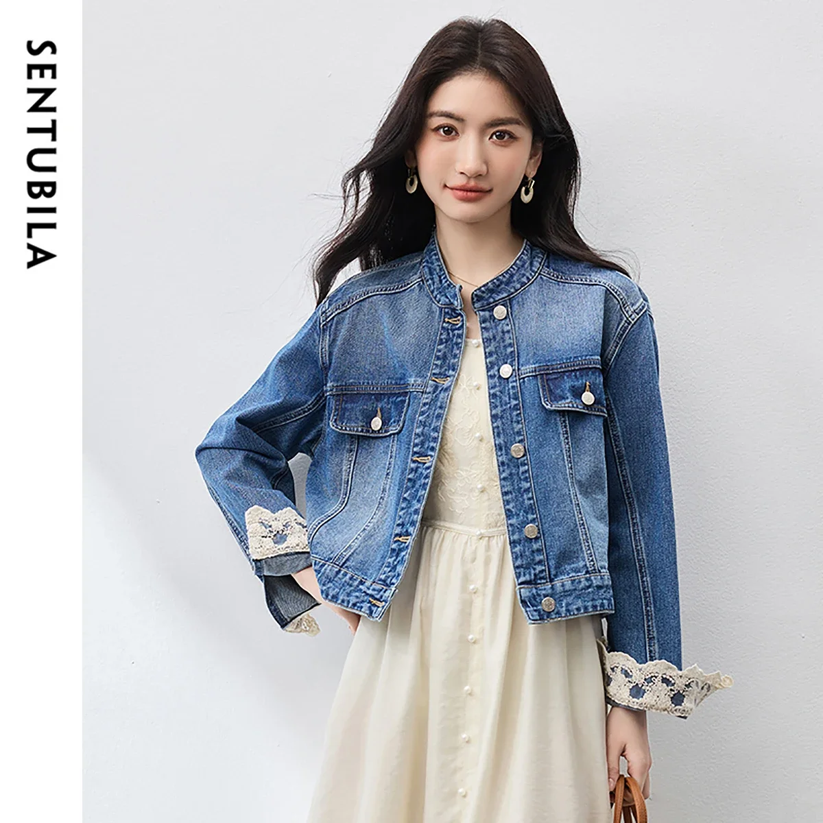 SENTUBILA Vintage Denim Jackets Women 2025 100% Cotton Patchwork Lace O-Neck Long Sleeve Single Breasted Outerwear W53WD3695X