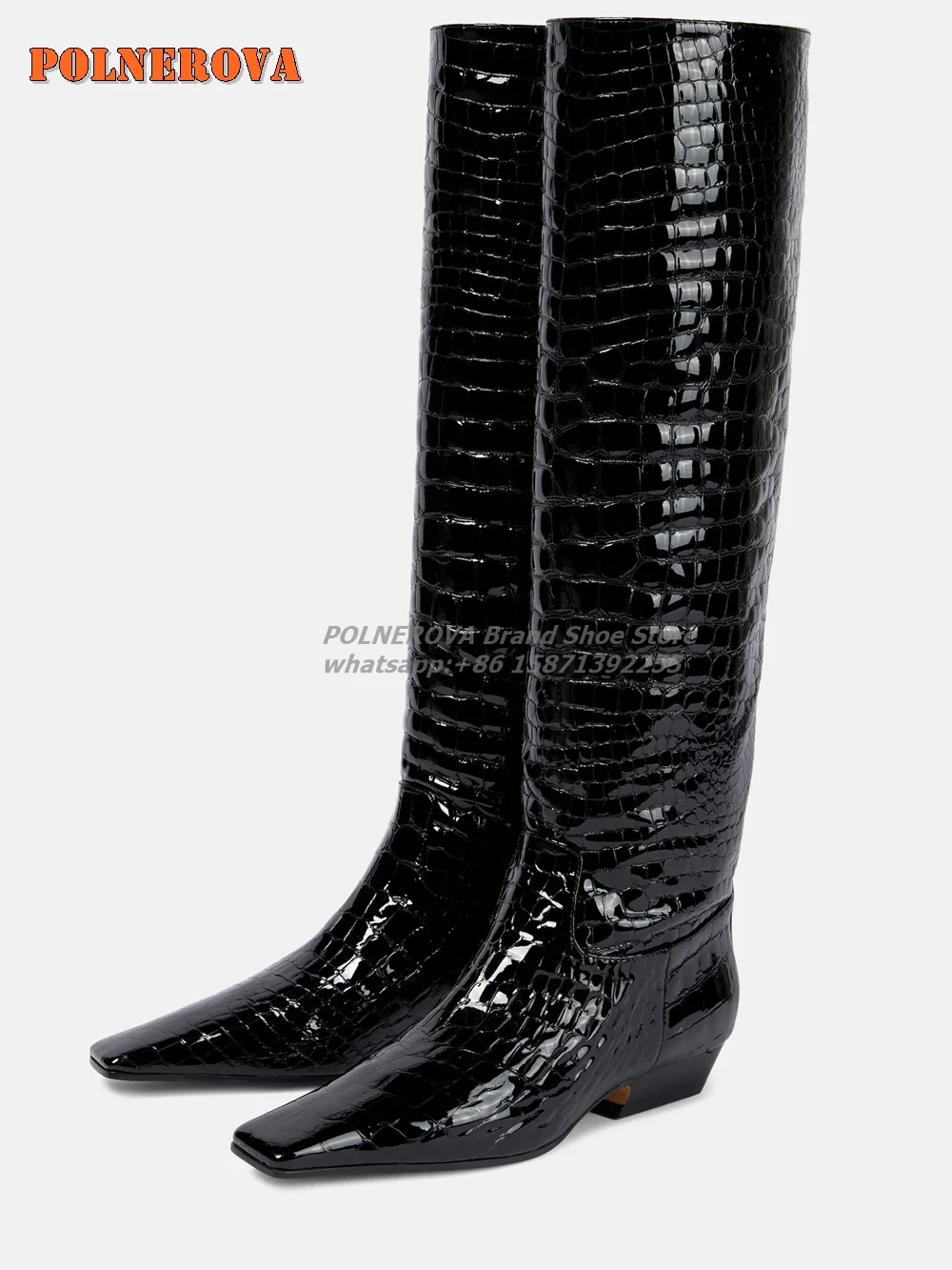 Botas hasta la rodilla de charol con efecto Croc, tacones de bloque con punta cuadrada, Sexy, hechas a mano, elegantes y modernas, estilo callejero, 2024