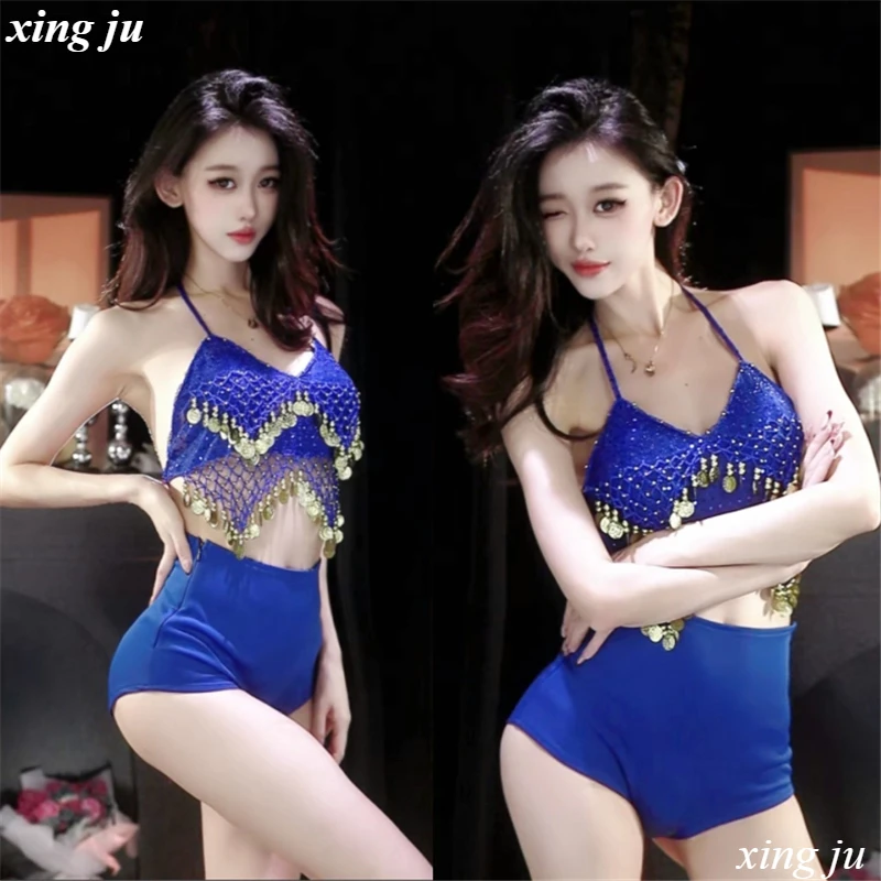 

Женский модный синий топ-халтер с бахромой и обтягивающие шорты Xing Ju для джазовых танцев, костюмы для выступлений в ночных клубах и на сцене для диджеев