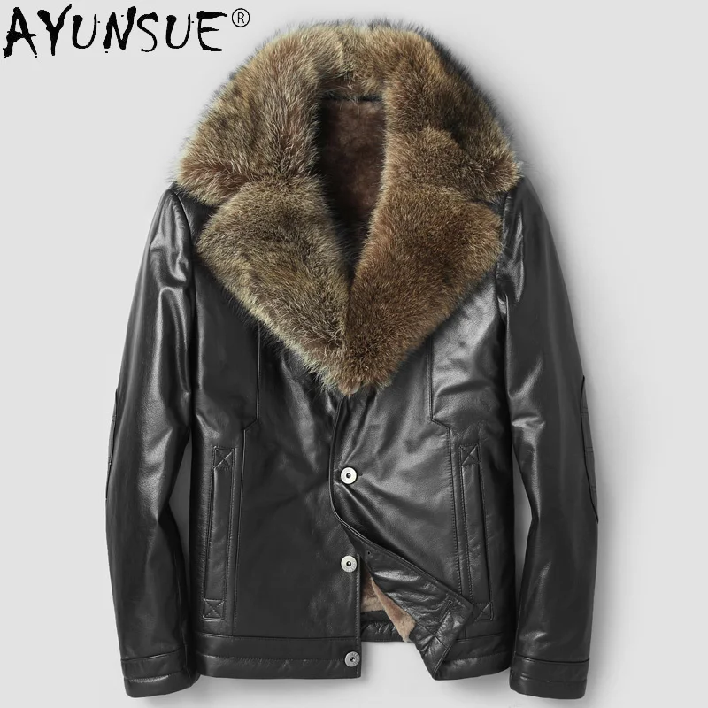 

Winter Men's Cow Genuine Leather Jacket Real Mink Fur Fox Raccoon Collar Mens Jackets and Coats Ropa LXR337