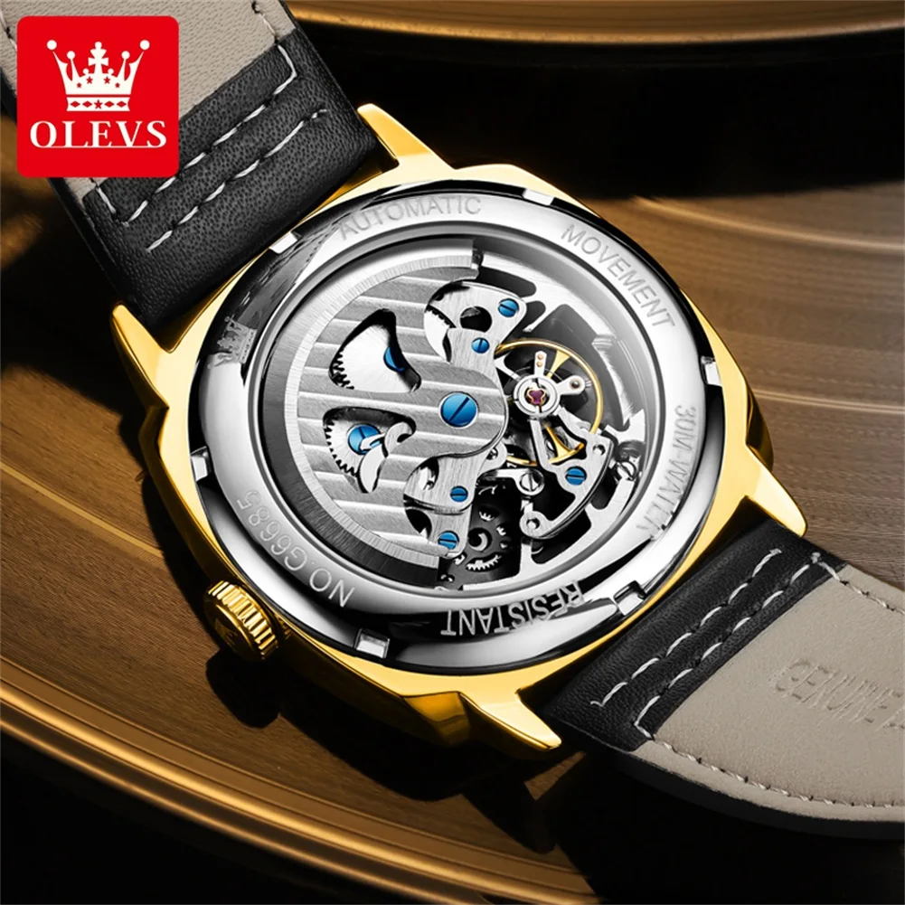 OLEVS 6685 Luxury Automatic Dress Wristwatch Hollow Skeleton Mechanical Watch For Men Waterproof Luminous Leather Man Watch 2024