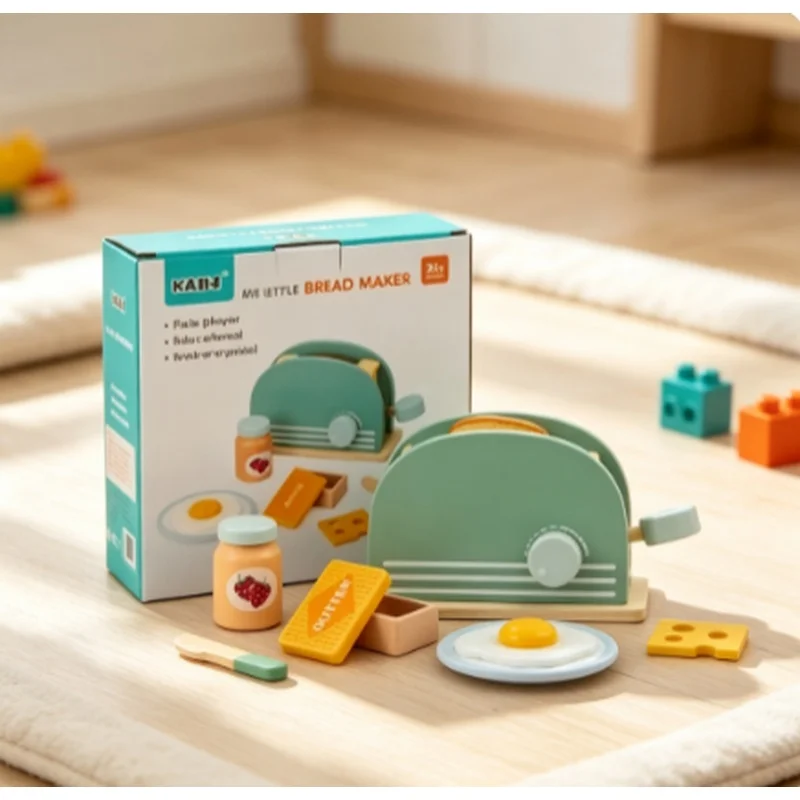 Wooden Simulation Toaster Toy Kids Pretend Kitchen Breakfast Play Set Toddler Boys Girls Gift