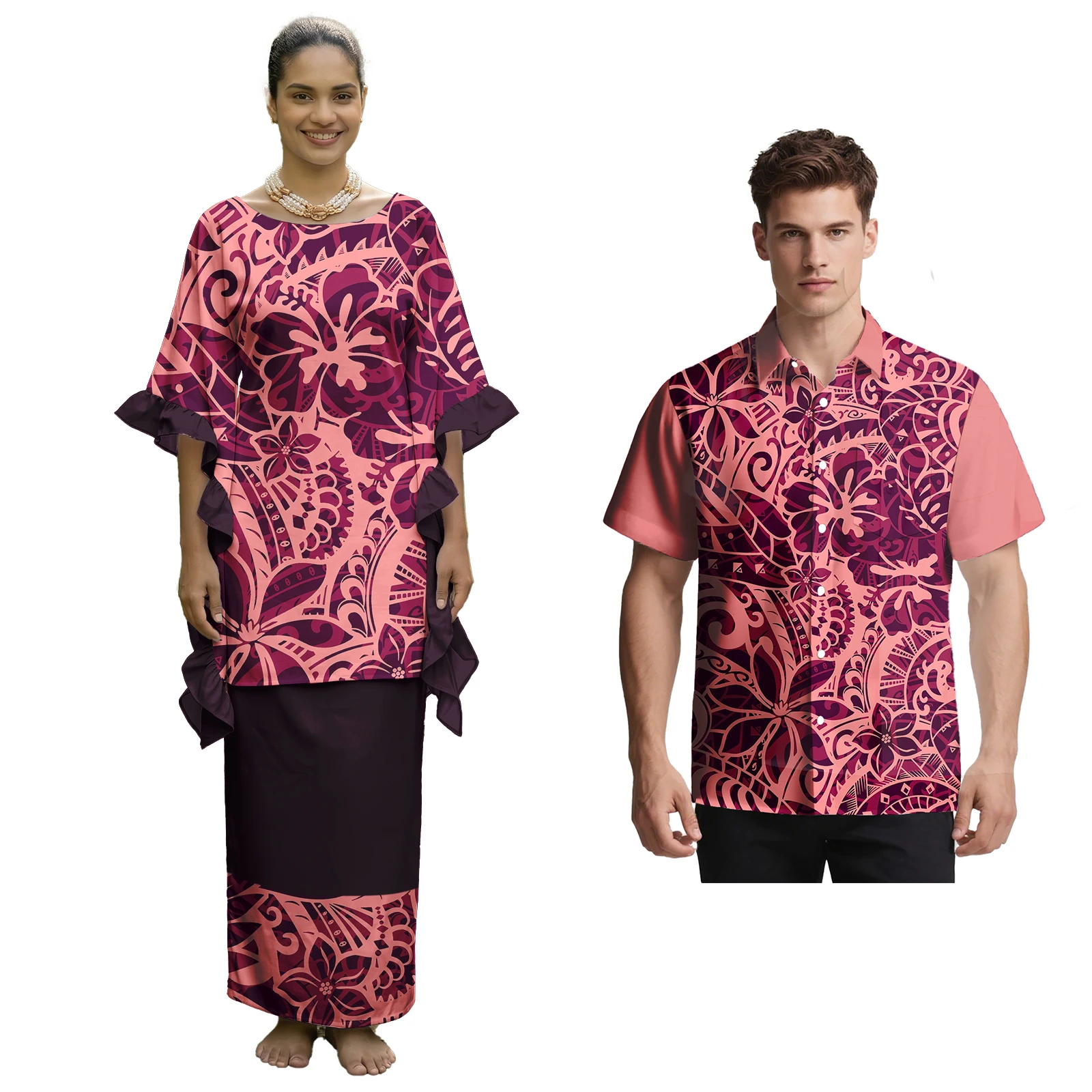 New Arrivals Samoan Polynesian Women Puletasi Men Turn-down Collar Shirts Hawaiian Flowers Custom Church Sweet Lovers Clothing
