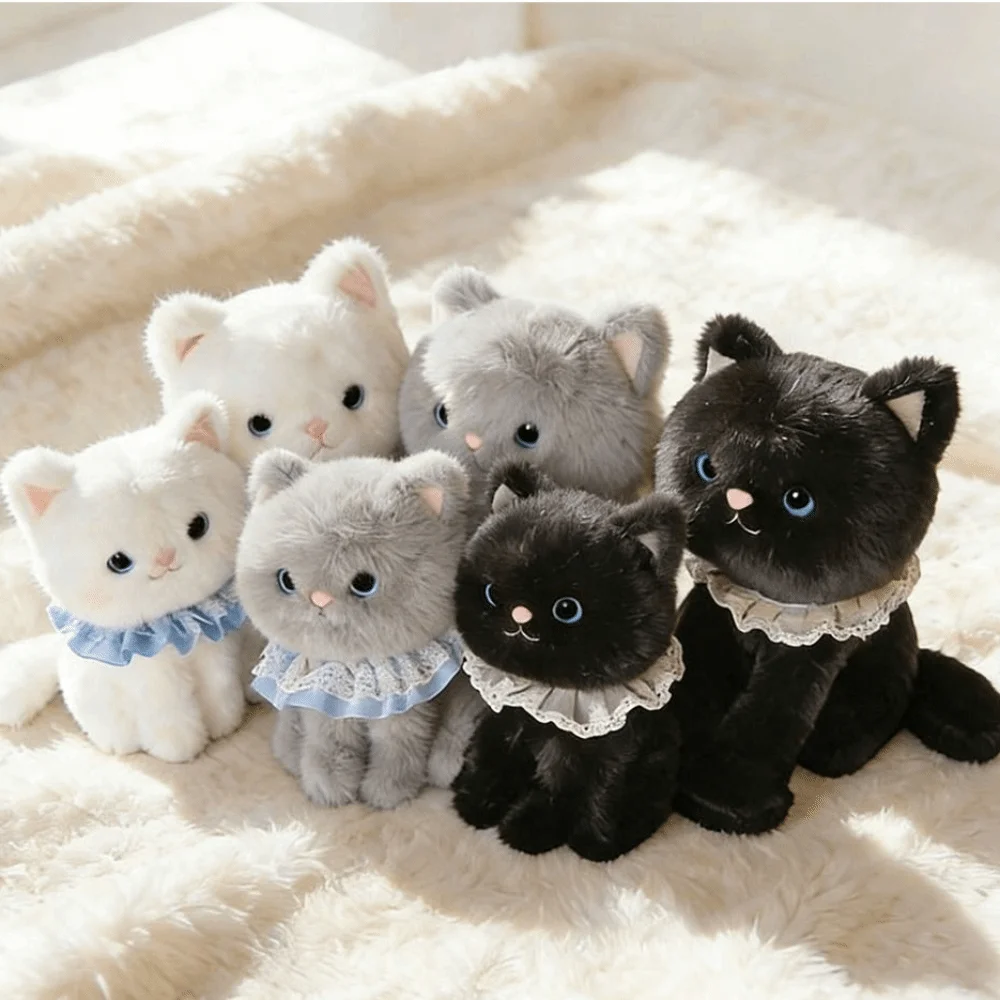 

New Soft Simulation Cat Plush Toys Fluffy Cute Cartoon Realistic Cat Doll With Bib Simulated Kitten Model Kids Birthday Gifts