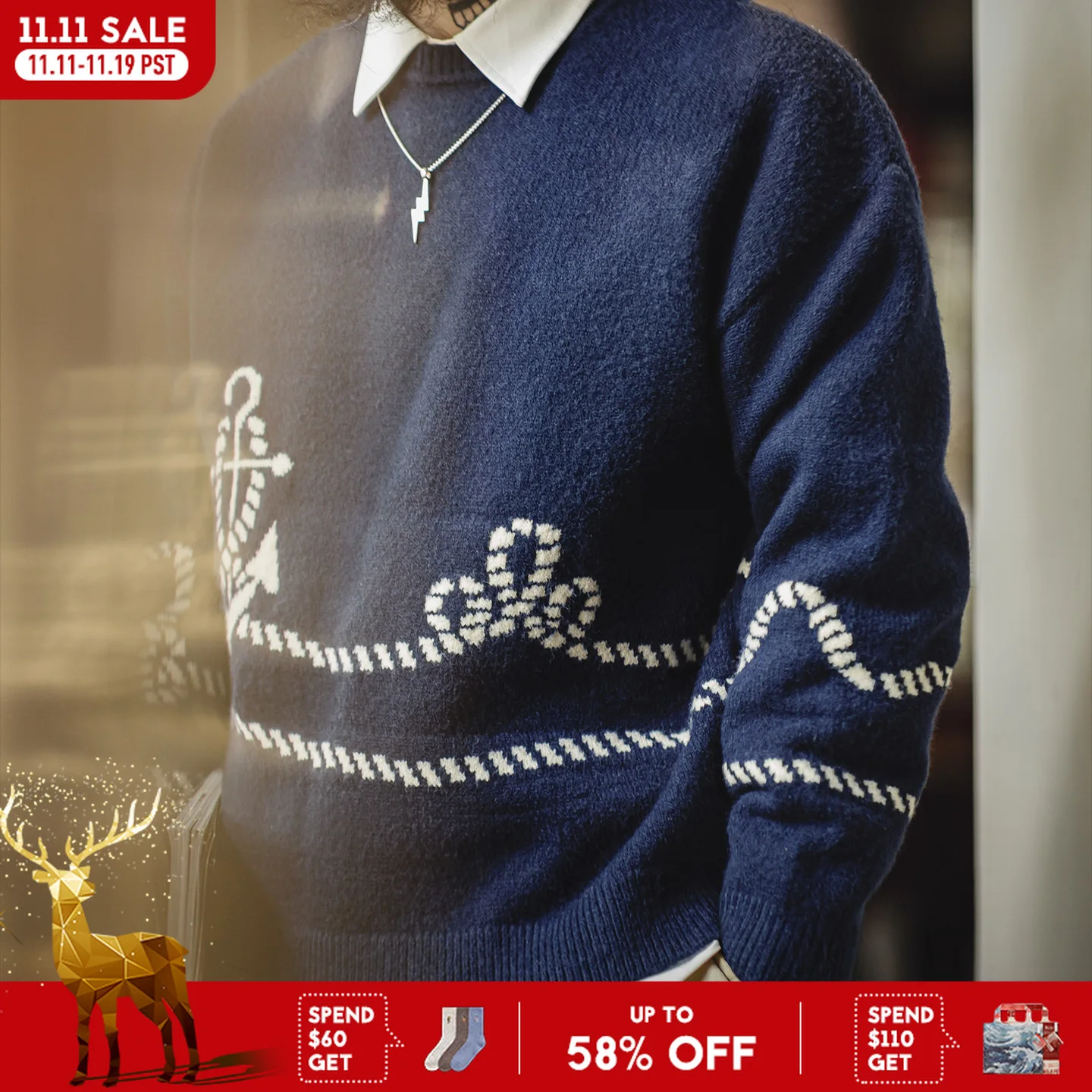 

Maden Мужской трикотажный свитер с узором "якорь" тёплый плотный пуловер с круглым вырезом, фактурная вязка 6 игл, мягкий и комфортный, тёмно-синий, зимний повседневный стиль