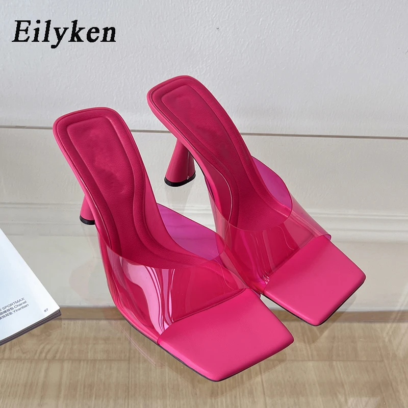Eilyken 2024 NEW Square Toe Shallow Jelly Women Slippers Summer PVC Transparent Female Elegant Dress High Heels Slides Shoes