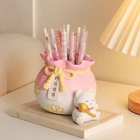 1pcs Lucky Cat Pen Holder Cute Healing Small Ornament Living Room Desk Decoration