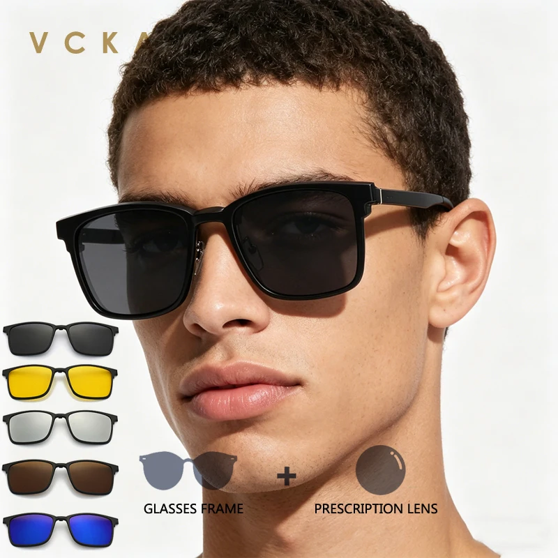 

VCKA 6 In1 Square Myopia Sunglasses Men Women Reading/Progressive Magnetic Clip Glasses Frame Optical Prescription UV400 Eyewear