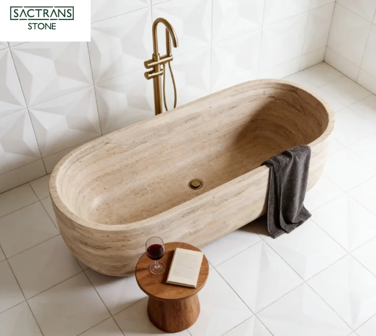 Luxury Stone Baths,Hot-selling Customizable Modern Oval Beige Travertine Bathtub Natural Stone Waterproof Outdoor Indoor Use For