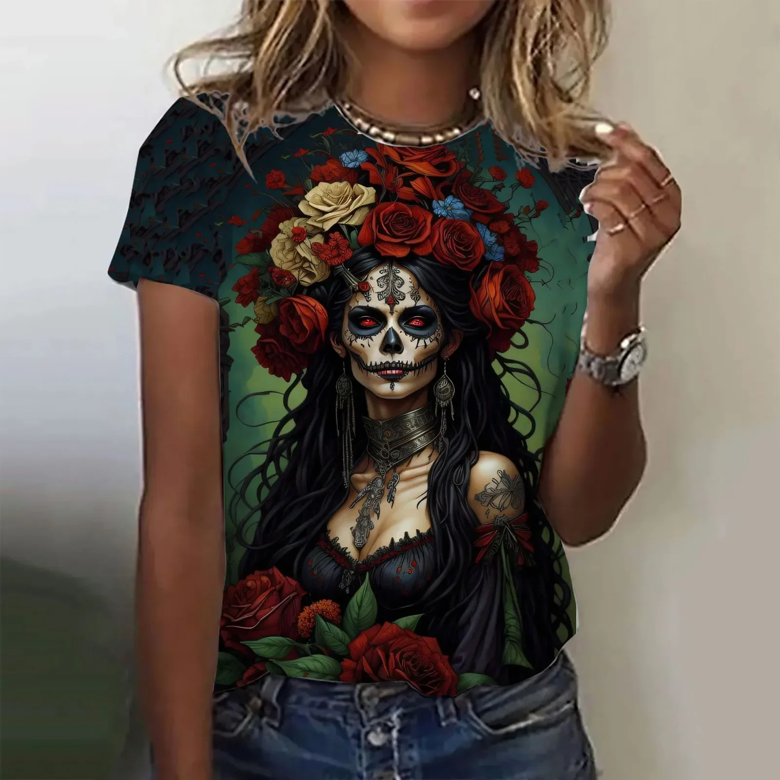 

Women's T-shirt for Girls Summer Short Sleeve Fashion Casual Sexy Girls Clothes Horror Undead Skull Pattern oversized T-shirt