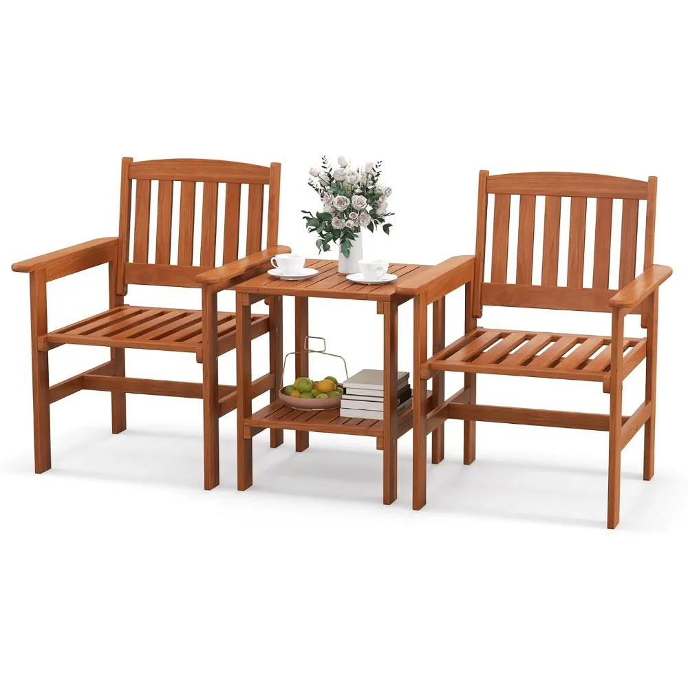 

3 Piece Patio Conversation Set, Outdoor Wood Conversation Seat with Table and Umbrella Hole, Outdoor Furniture Set of 3 for Gar