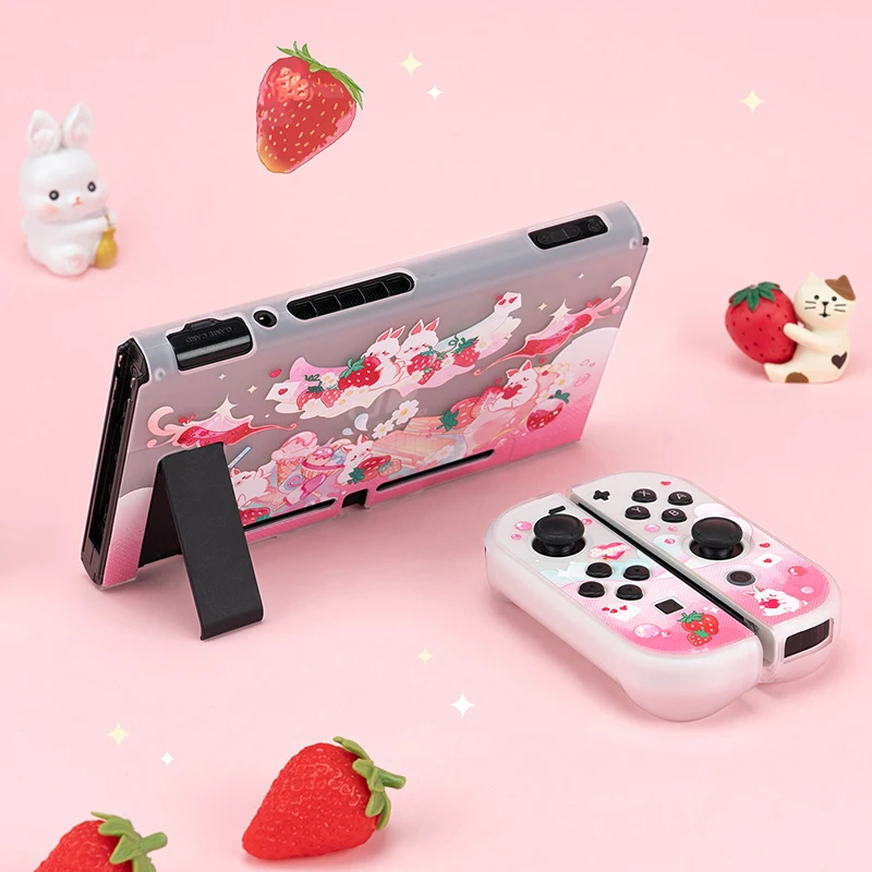 Funda Kawaii de conejito de fresa rosa para consola Nintendo Switch Oled, carcasa dura de PC para Nintendo Switch Joy-Con NS, funda de juego