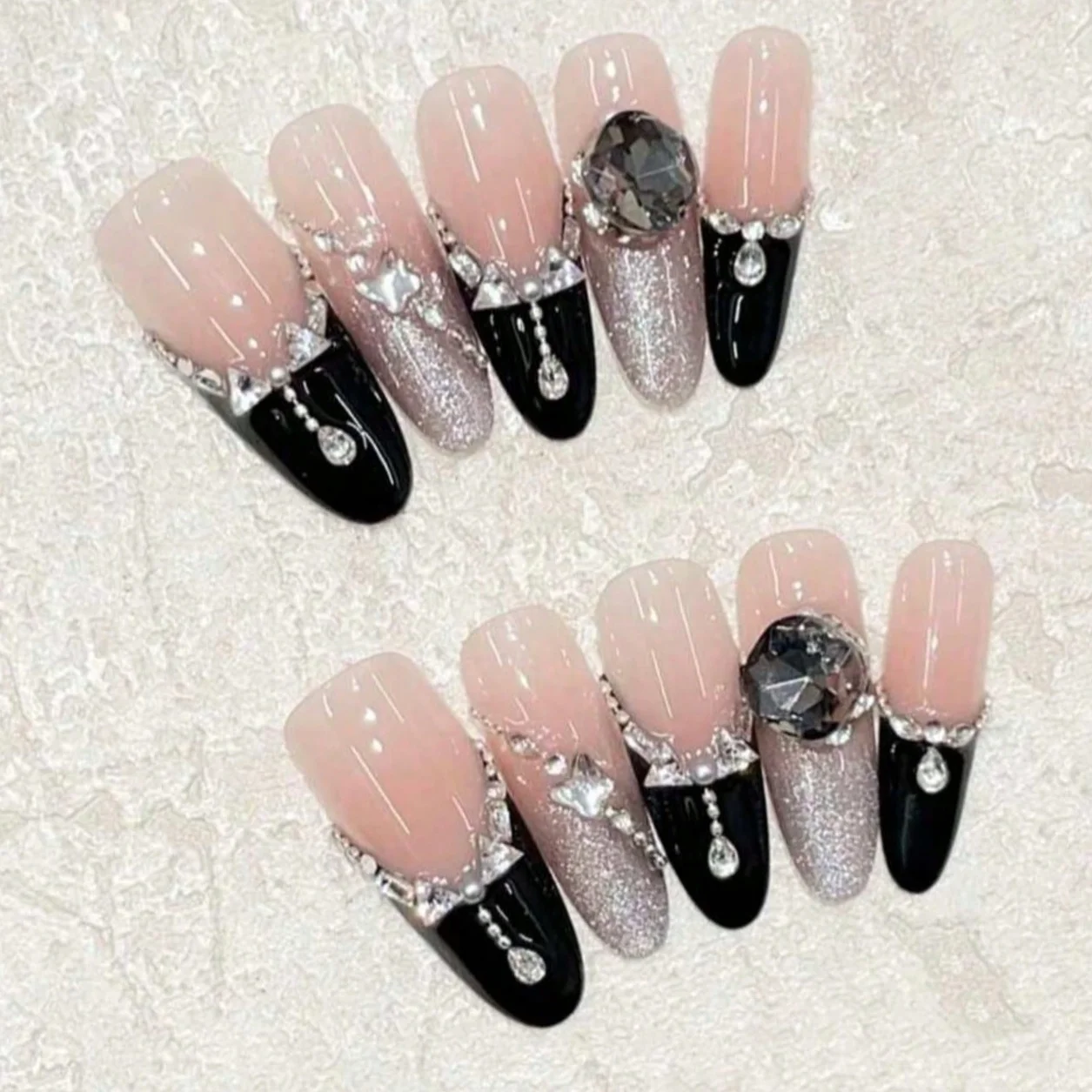 10pcs Long Coffin Nude Black French Star Rhinestone Press On Nails, Gift For Women, DIY Nail Art, Fake Nails, Handmade Nail Set view 4