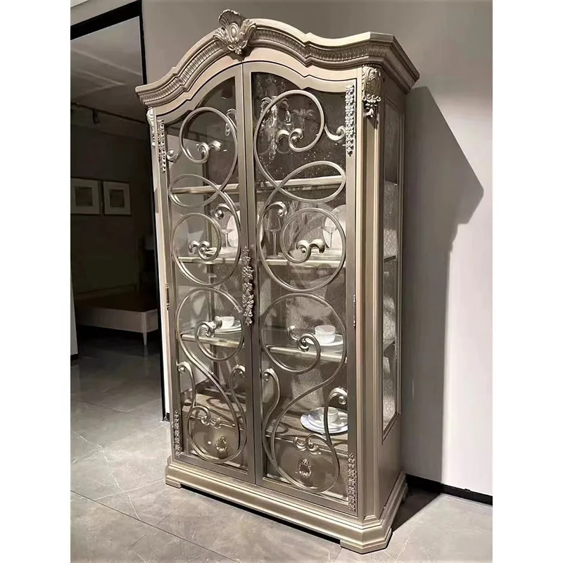 

Solid wood wine cabinet Double door glass antique cabinet French engraved retro dining side cabinet