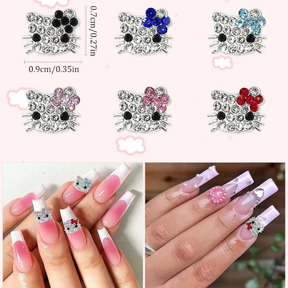 6 Raster/Doos Strass Metalen Hello Kitty Nagel Bedels Roze Strik Kitty Volledige Diamant Nagel Decoratie 6 Kleuren Manicure Accessoires Gl